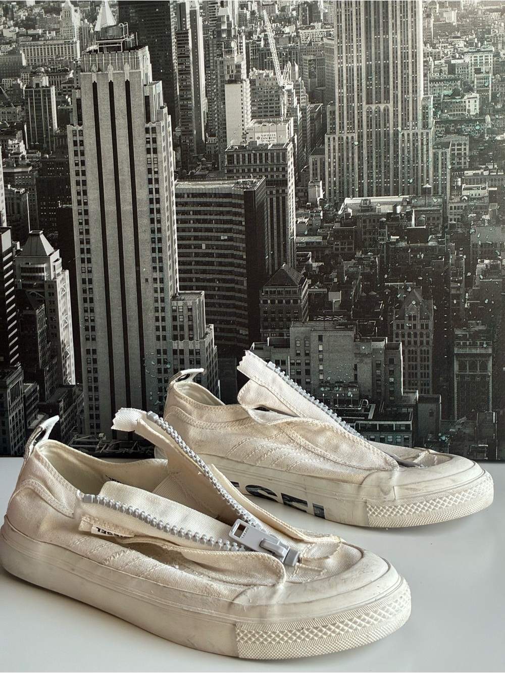 Diesel Off-White Slip-On Canvas Loafers with Exposed Zipper